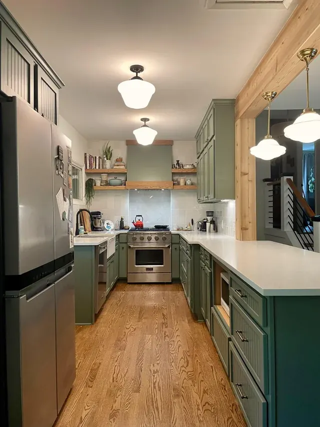 After: Green galley kitchen