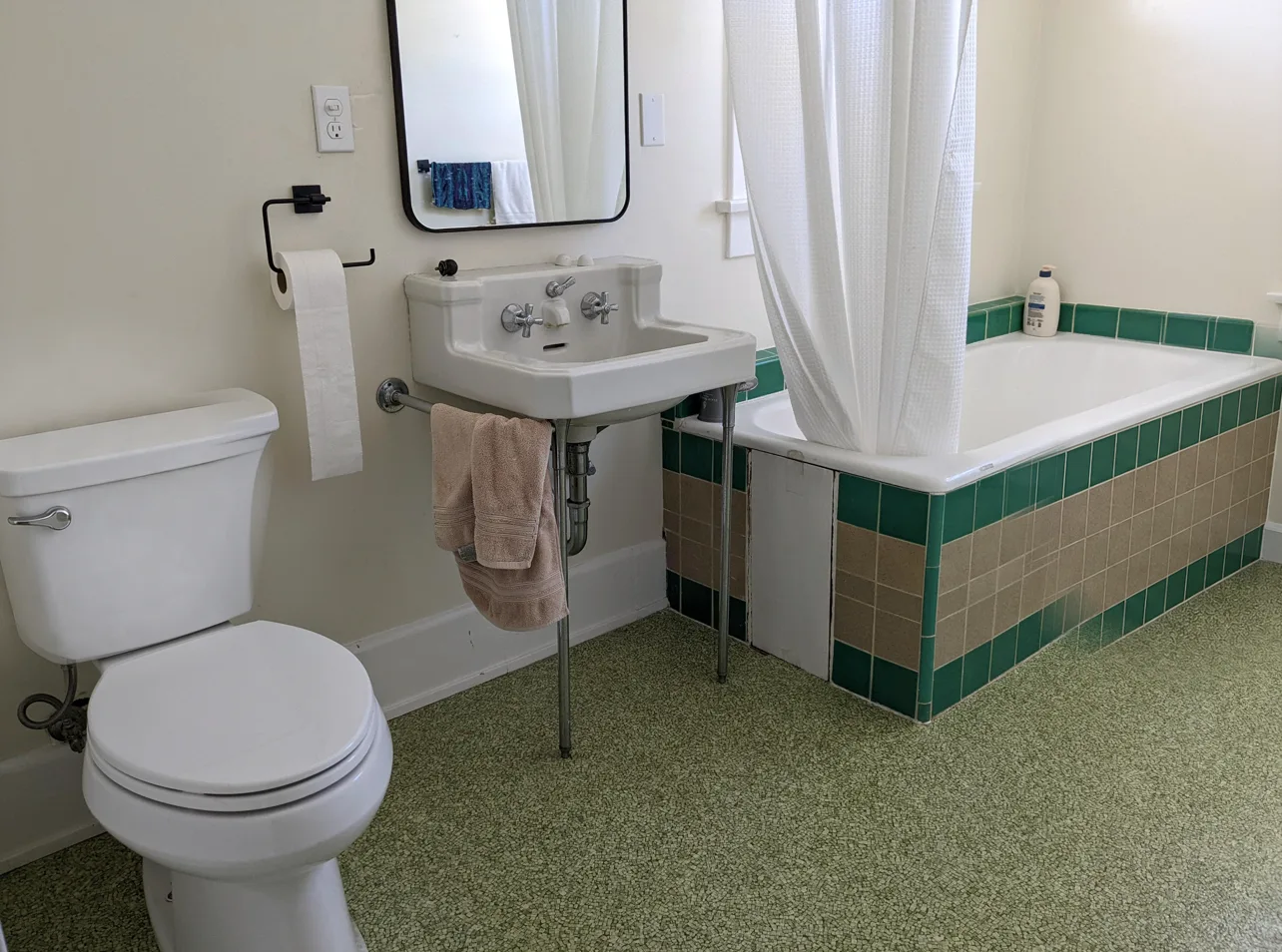 Before: Craftsman-home bathroom with a glass tub-shower in sage subway tile and hexagon floor