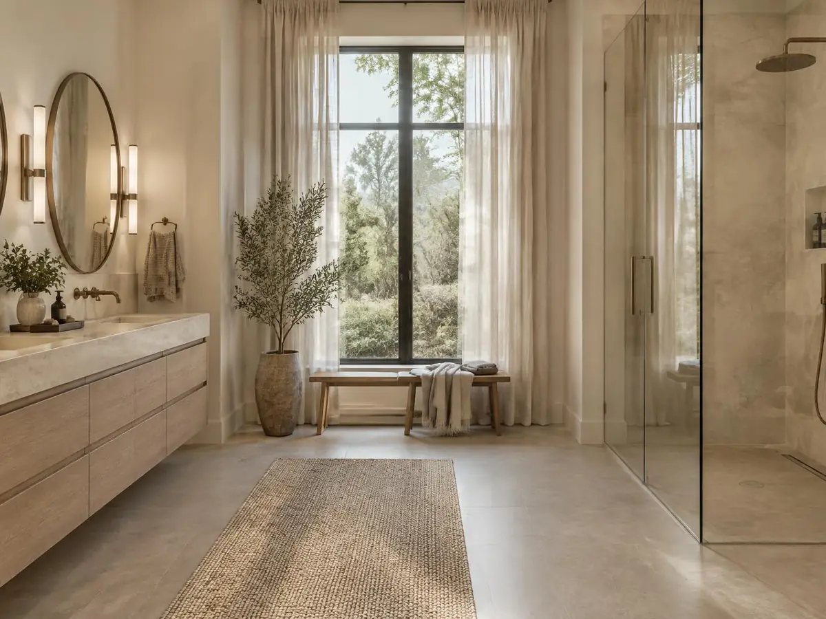 Illustrative rendering of a remodeled bathroom with oak vanity and glass shower