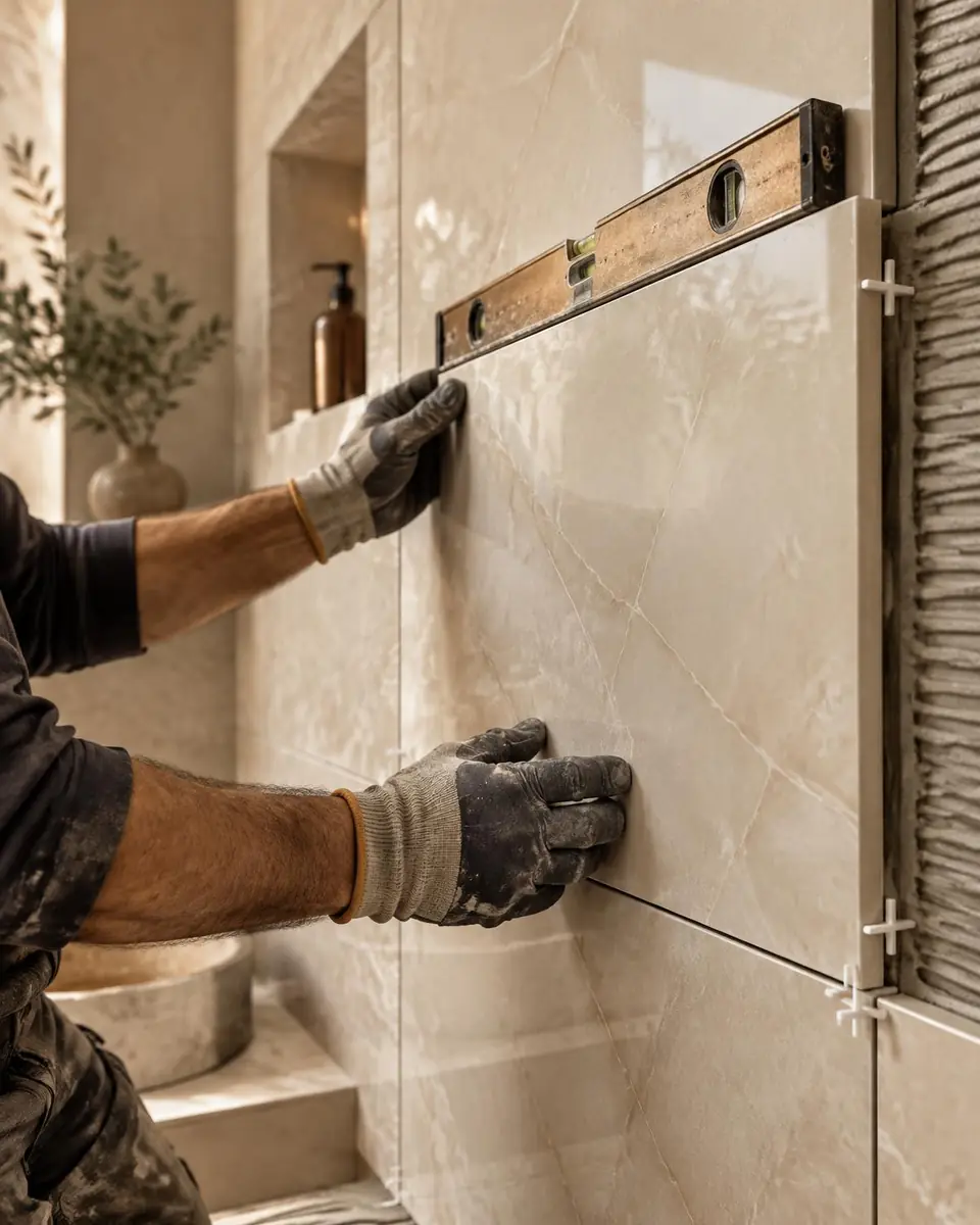 Illustrative close-up of a large-format tile being leveled during installation