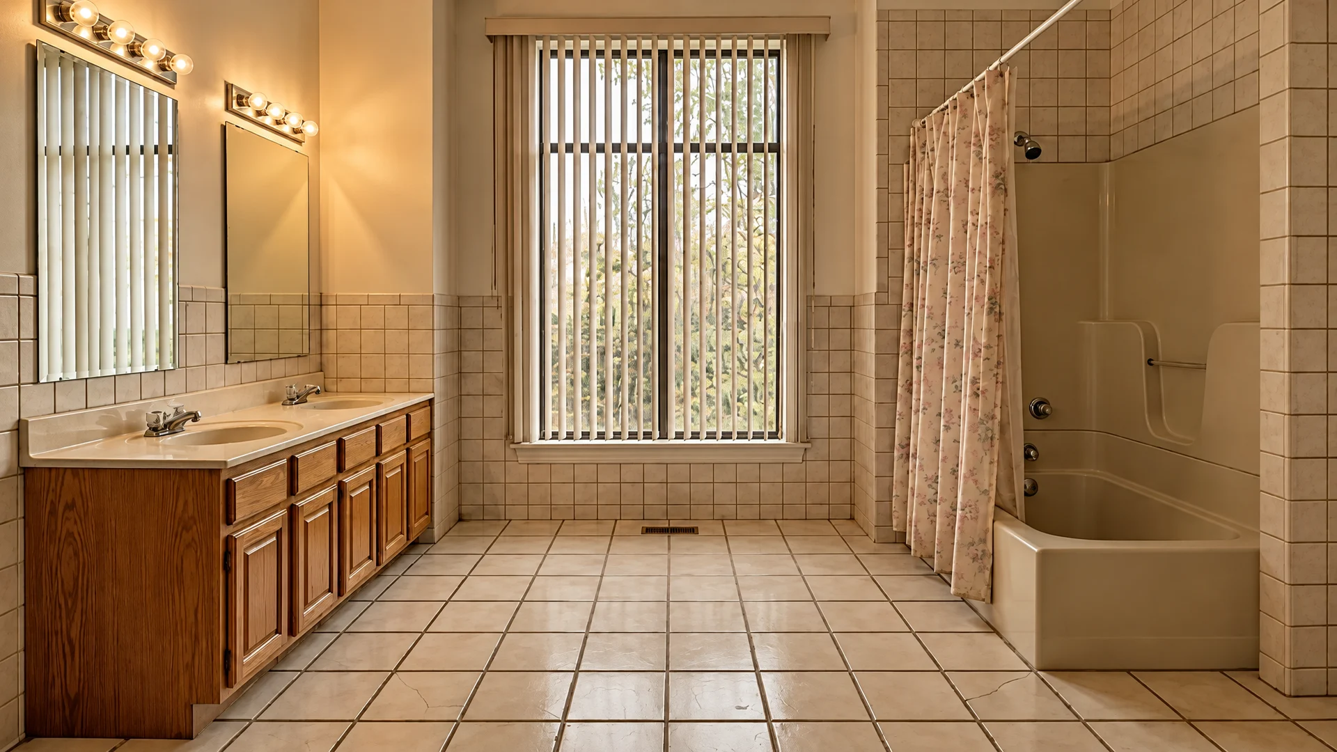 Concept rendering of an outdated bathroom with an oak vanity, dated beige floor and wall tile, fiberglass tub and shower curtain